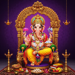 Ganesha seated on ornate throne holding lotus and axe