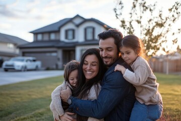 Fototapeta premium Loving couple with children embracing near their new suburban home