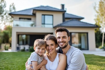 Fototapeta premium Loving couple with children embracing near their new suburban home