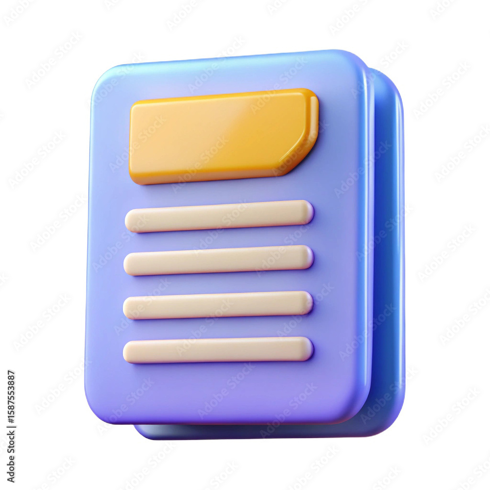 Fototapete 3d rendered icon representing a document or file with a yellow tab and lines of text isolated on whi
