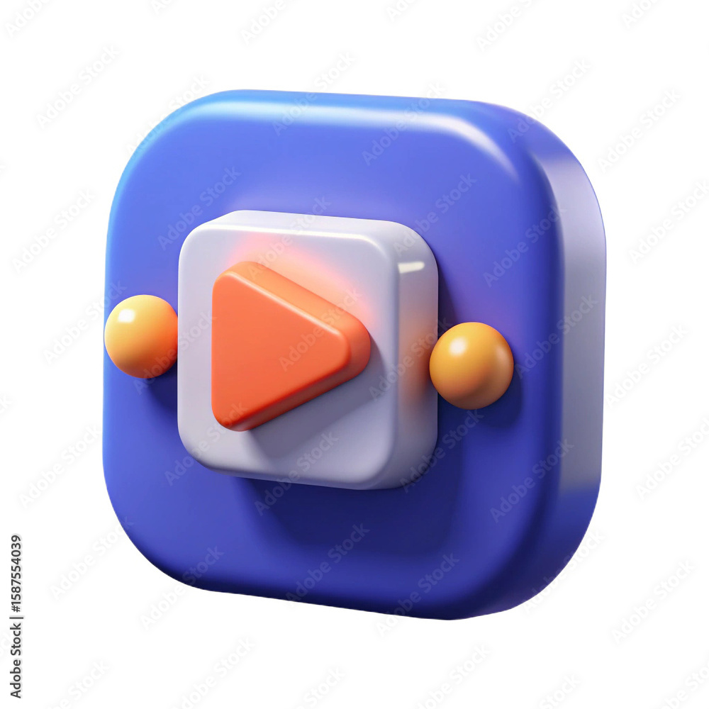 Poster modern 3d play button icon with rounded edges and orange triangle on a white background isolated on 