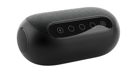 Sleek wireless speaker showcases a modern audio device with a minimalist design, perfect for music lovers, highlighting its smooth black finish and user-friendly control panel, transparent background