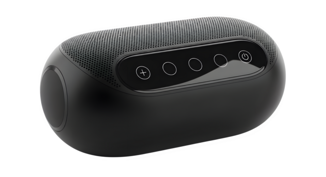 Sleek wireless speaker showcases a modern audio device with a minimalist design, perfect for music lovers, highlighting its smooth black finish and user-friendly control panel, transparent background