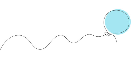 Flying inflatable blue balloon, hand-drawn with one continuous line on a white background, vector. Modern graphic illustration for a holiday, postcard, banner, poster with a place for text