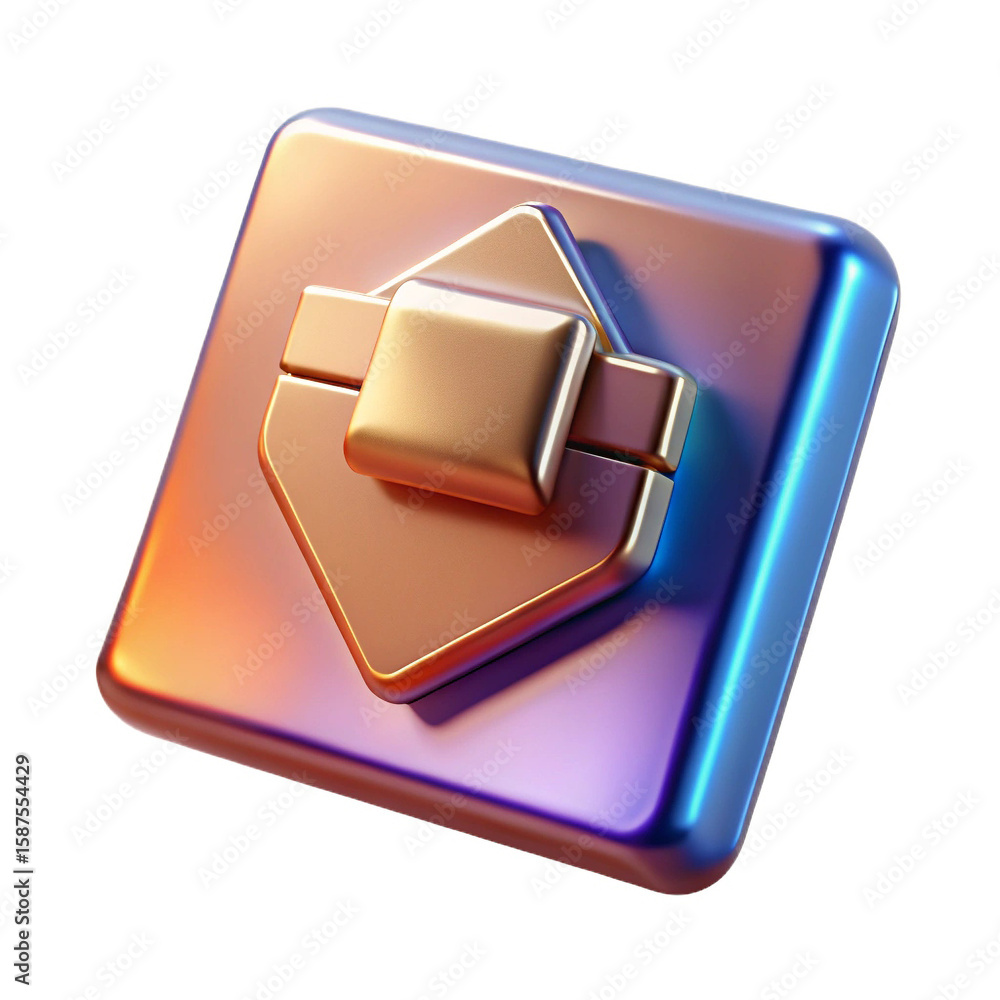 Aufkleber abstract metallic geometric shape with a glossy iridescent finish and a golden square emblem isolate