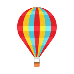 Naklejka premium Colorful hot air balloon: A vibrant hot air balloon, with striped patterns, floats gracefully, evoking a sense of adventure and the thrill of travel.
