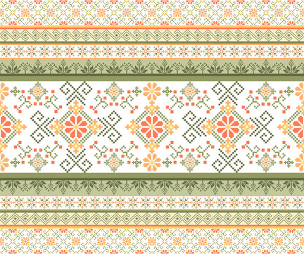Geometric pixel art pattern. Abstract pixel art geometric ethnic pattern design for fabric, carpet, tile, rug, clothing, embroidery, needlepoint and background. Vector pixel art seamless motif ethnic 