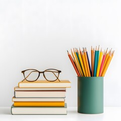 Fototapeta premium Colorful Pencils and Stack of Books on White Background