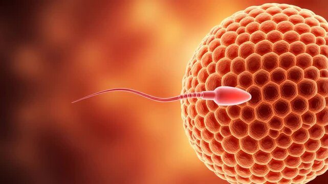 A sperm cell approaching an egg for fertilization in a vibrant scene