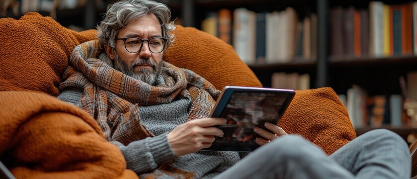 Man reading on a tablet in a library