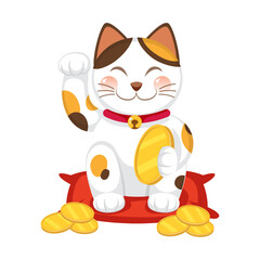 Lucky Cat: A charming illustration of a beckoning Maneki Neko cat, clutching a gold coin, symbolizing good fortune and prosperity in a cultural artistic representation.