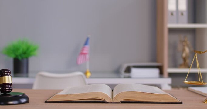 Law court judge gavel wooden hammer and scales law, usa codex constitutional court set close up, trial, final decision, accuse guilty, proclamation, passes judgment, laws of the United States