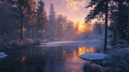 Fototapeta premium A wild forest lake frozen on a cold winter morning