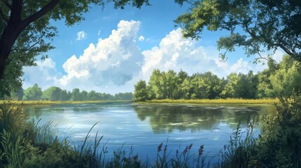 A wilderness lake under summer skies with no disturbance