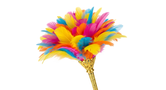 A vibrant feather duster presents a spectrum of colors, from sunny yellow to electric blue and hot pink, making cleaning a visually cheerful experience on transparent background.