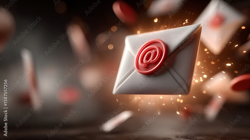 Poster a white digital envelope with a red symbol glowing and hovering against a dark abstract background w