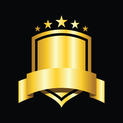 Golden Shield Emblem with Ribbon and Stars on Black Background