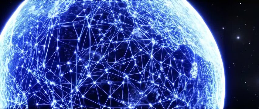 Global Network: Dynamic Blue Earth Connection, Illuminated Nodes - Powered by Adobe