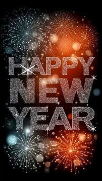 Dazzling New Year Celebration with Glittering Fireworks Display and Bold Happy New Year Text Against Night Sky for Festive Seasonal Greetings