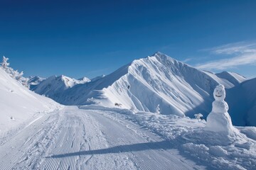 Scenic mountain vista with ski tracks and a decorated snowman in the foreground under a clear blue sky, crisp winter midday