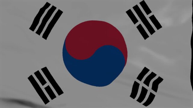 Waving flag of South Korea with white field red blue yin yang and black trigrams suitable for East Asian contexts