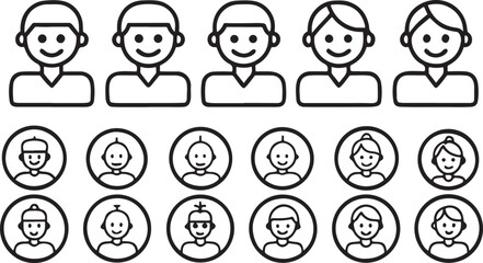 Man and woman cartoon icon set with kids and group character illustrations