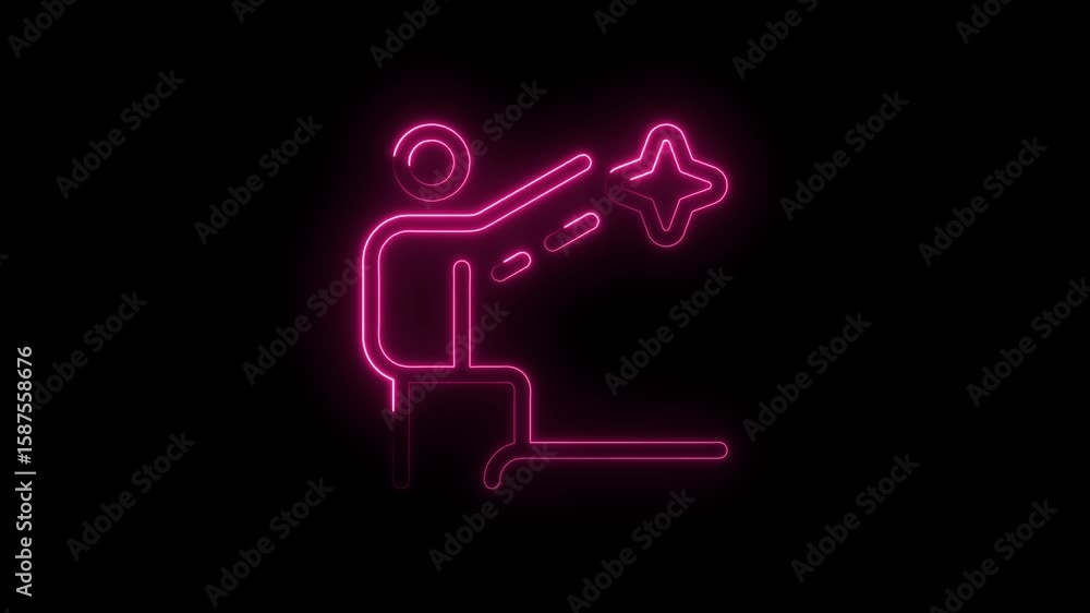 Poster neon line icon of a person casting a spell with a four pointed star