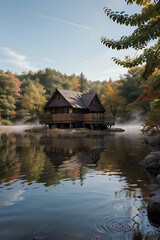 Obraz premium A wooden cabin sits on a tranquil lake surrounded by autumn foliage, reflecting beautifully in the still water.
