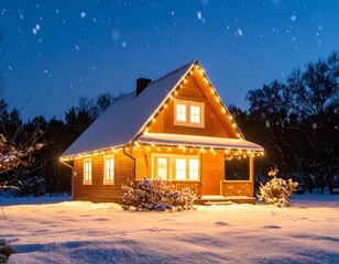 A small house at night with warm glowing lights inside, surrounded by falling snow.