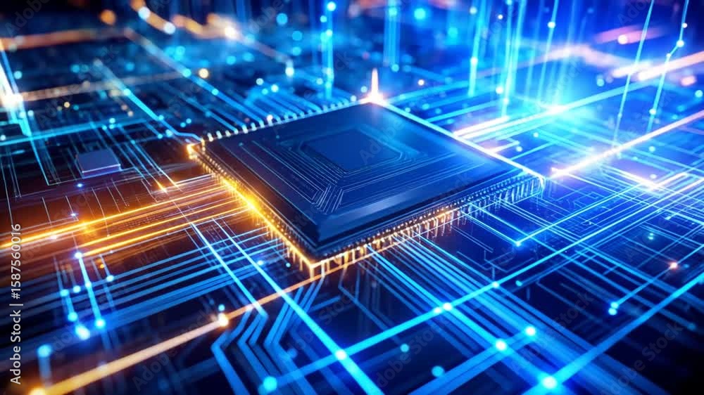 Poster futuristic technology concept with microchip on circuit board for innovative solutions
