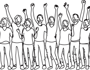 Line Art Depicting Group of Joyful People Raising Arms in Celebration and Unity Black and White Simple Cartoon Illustration