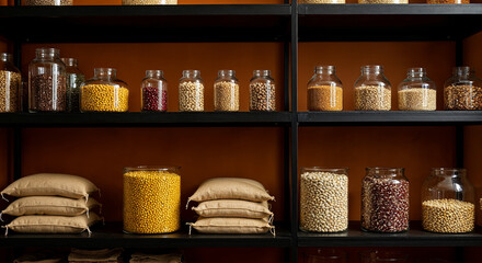 Fototapeta premium Storage shelves with transparent containers and plastic bags filled with assorted grains and legumes