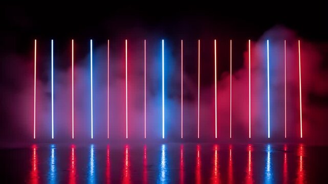 Neon lights in a smoky reflective room