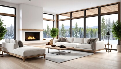Modern living room with mountain view
