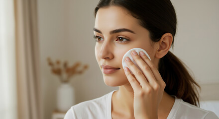 Woman applying cotton pad to face during skincare routine with soft natural lighting. Daily facial cleansing and makeup removal process. Beauty content for skincare tutorials and cosmetic procedures