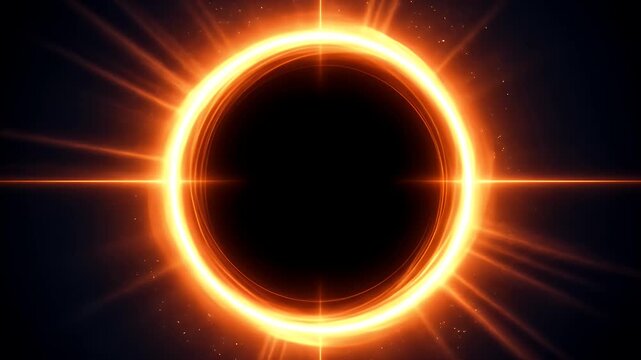 A stylized solar eclipse with a bright orange corona against a dark background