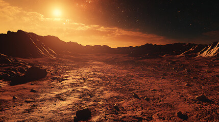 Barren rocky terrain with bright celestial body in a red atmosphere