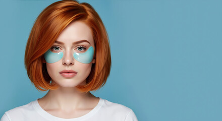 Woman with red bob haircut wearing blue eye patches on turquoise background. Hydrating under eye treatment for skincare routine. Beauty content for anti-aging procedures