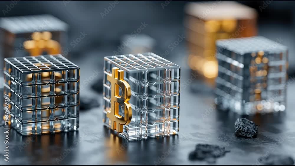 Poster bitcoin block as a fundamental component of cryptocurrency business and blockchain technology for mo