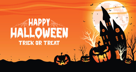 Creepy Halloween poster with haunted house, glowing jack-o'-lanterns, full moon, and bare trees. Great for festive banners, invites, and party promotions.