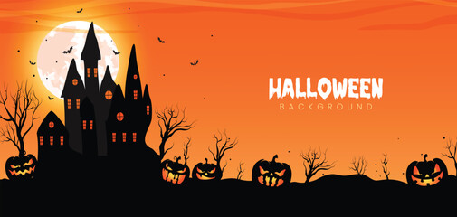 Creepy Halloween landscape with haunted castle, glowing pumpkins, bats, dead trees, and full moon. Ideal for banners, invitations, or spooky backgrounds.
