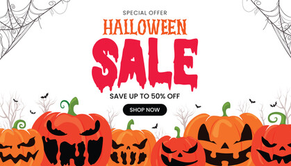 Bright Halloween promotion with creepy pumpkins, bats, spider webs, and bold “SALE” text. Ideal for seasonal ads, banners, and e-commerce campaigns.