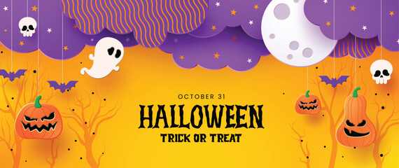 Colorful Halloween background in paper cut style with pumpkins, ghosts, bats, skulls, and stars. Perfect for kid-friendly party invites, banners, or festive decorations.