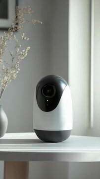 Smart black and white home speaker with a microphone, designed for voice commands and modern home automation.