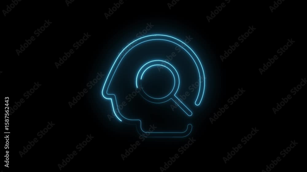 Poster glowing neon head with magnifying glass animation exploring ideas and understanding concept