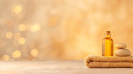 Serene spa setting with essential oil bottle smooth stones and soft towel