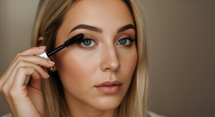Fototapeta premium Blonde woman applying black mascara to eyelashes with precision wand. Eye makeup routine and lash enhancement for volume treatments and beauty salon procedures