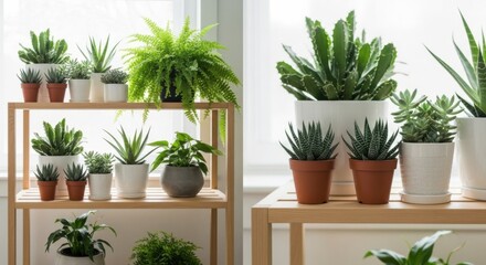 Fototapeta premium Indoor Greenhouse with Various Potted Succulents and Foliage Plants on Wooden Shelves