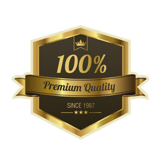 Premium Quality Emblem: A golden emblem showcases a symbol of excellence, with the assurance of premium quality, a subtle crown, a banner proclaiming 100% authenticity and quality since 1987.