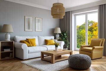 Fototapeta premium Bright living room white sofa wood accents neutral tones with a window view of vibrant autumn trees